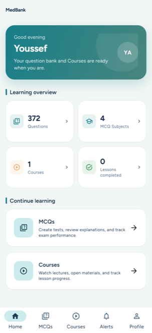 MedBank mobile learning overview with question, subject, course, and lesson progress cards