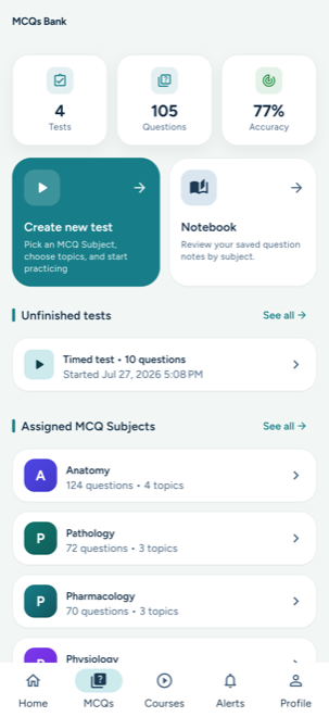MedBank MCQ Bank showing test statistics, assigned subjects, notebook, and unfinished tests