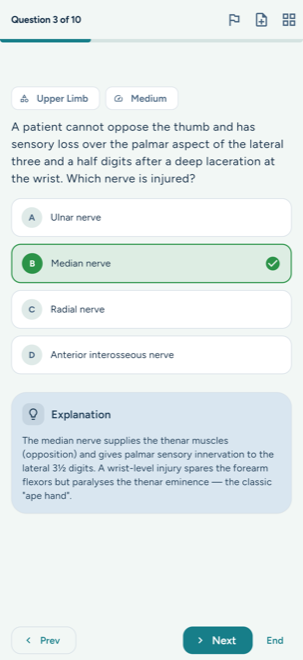 MedBank tutor-mode medical question with the correct answer and explanation revealed