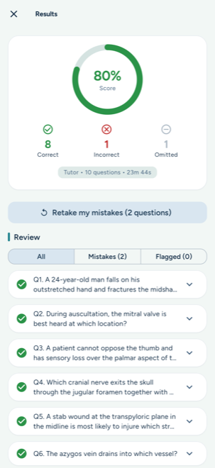 MedBank test results with score, correct and incorrect counts, and answer review
