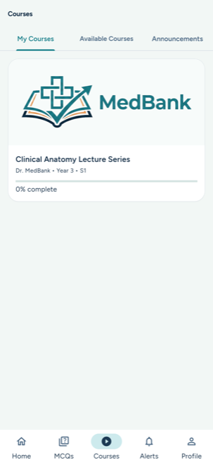 MedBank Video Courses screen with enrolled course progress