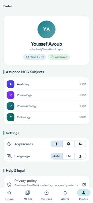 MedBank profile showing assigned subjects, appearance, language, and help settings