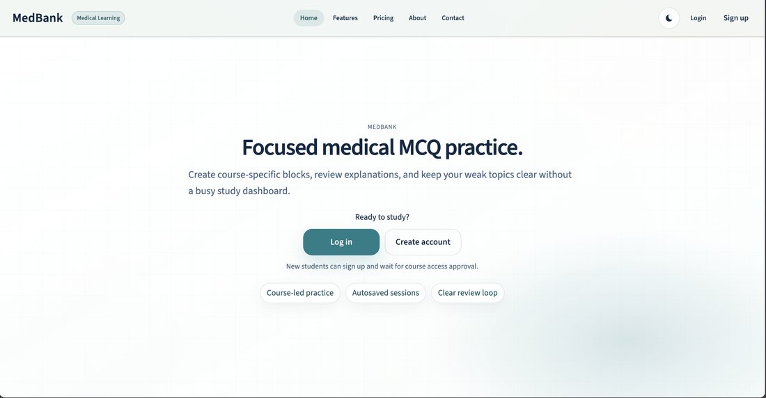 O6U MedBank landing — focused medical MCQ practice with course-led blocks.