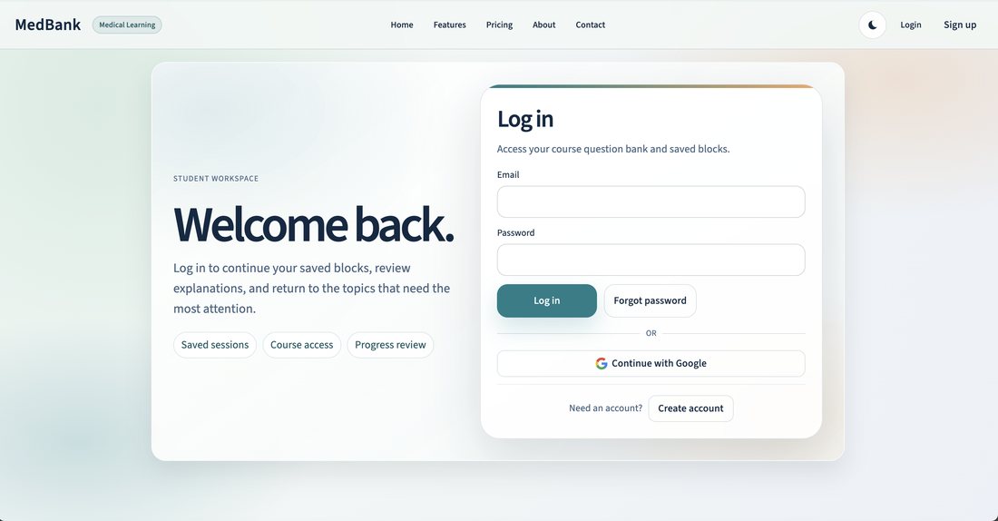 O6U MedBank student log-in and workspace with saved sessions and progress review.